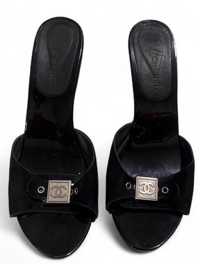 Vintage CHANEL Black Open-Toe Logo Square Accent Mules